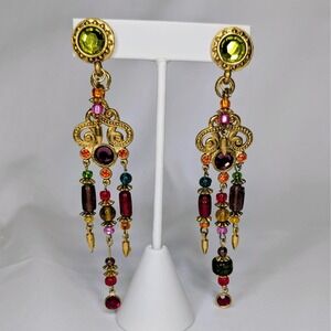 Vintage Signed Robert Rose Artisan Art Glass Bohemian Boho Dangle Earrings 4.25"